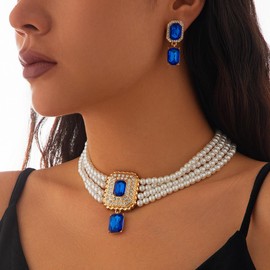CRUSH CR Pearl Choker Necklace for Women Earring&Necklace Set Fashion Gemstone Crystal Necklace for Party and Wedding (Blue)