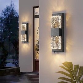 HITOO Dusk to Dawn Outdoor Lighting Fixture Wall Mounted - 14.2'' IP65 Waterproof Wall Sconce with 12W LED Crystal Modern Outside Wall Lamp for Hallway Doorway Porch Patio Backyard, Black, 1PCS