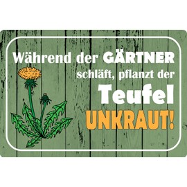Tin Sign 20 x 30 cm Curved Gardener Sleeping Plant the Devil Unkrauts, Decorative Gift Sign