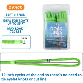 Dock Lines 15' x 3/8" Double Braided Marine Mooring Ropes 2 Pack, Dock Rope 8 Colors Boat Ropes for Docking with 12'' Eyelet Premium Dock Lines for Boats - Green