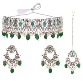 Efulgenz Choker Necklace Earrings and Maangtikka Set Indian Oxidized Jewelry Antique Boho Faux Kundan Pearl Crystal Stone Necklace Manngtikka with Dangle Round Earrings Bohemian Jewelry Set for
