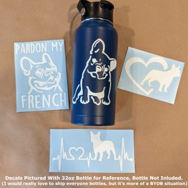 Frenchie Decals 4 Pack: Pardon My French, French Bull Dog Heart, Frenchie Heartbeat, Detailed French Bull Dog Decals (Large ~5", White)