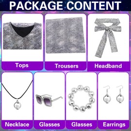Antsparty 70s Disco Costume for Women, 70s Fancy Dress Outfit with Glasses Necklaces Bracelet, Ladies Sparkly Disco Jumpsuit for 1970s Disco Theme Party