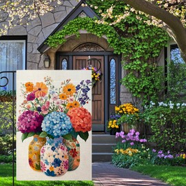 Spring Summer Colorful Floral Mason Jar Garden Flag 12x18 Inch Double Sided Hydrangea Flower Yard Outdoor Flag House Holiday Outside Decoration Burlap