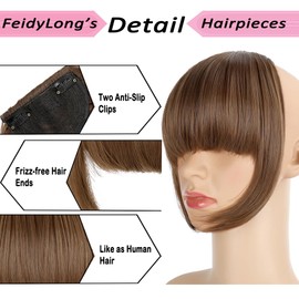 FeidyLong Bangs Hair Clip in Extensions French Bang Natural Full Fake Bangs Straight Fringe Hairpieces with Temples for Women Daily Wear Wigs Light Chestnut Brown
