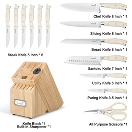 Kuisine Chef Knife Set,High Carbon Stainless Steel Sharp Knife Set Ergonomic Handle,Kitchen Knife Block Set with Built-in Sharpener(Ivory Pro,15PCS)