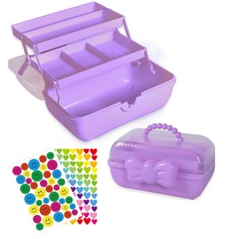 Tuilful Storage Box with Handle, 3-Compartment Plastic Organizer with Lid, Portable Multi-Use Storage for Crafts, Toys, Office Supplies – Includes 2 Stickers (Purple Box)