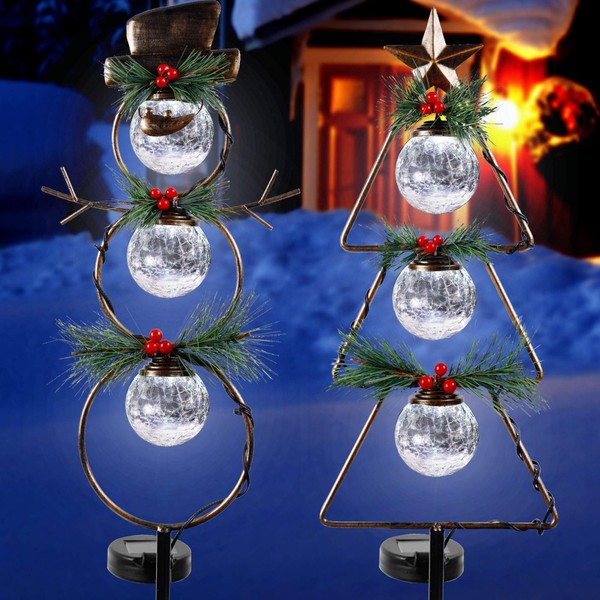 MAGGIFT Christmas Outdoor Solar Stake Lights, 42.5 Inch Solar Powered Yard Decorations, Glass Globe Cool White LED Xmas Pathway Lights, Metal Snowman & Tree Garden Stakes Lawn Ornament, Set of 2