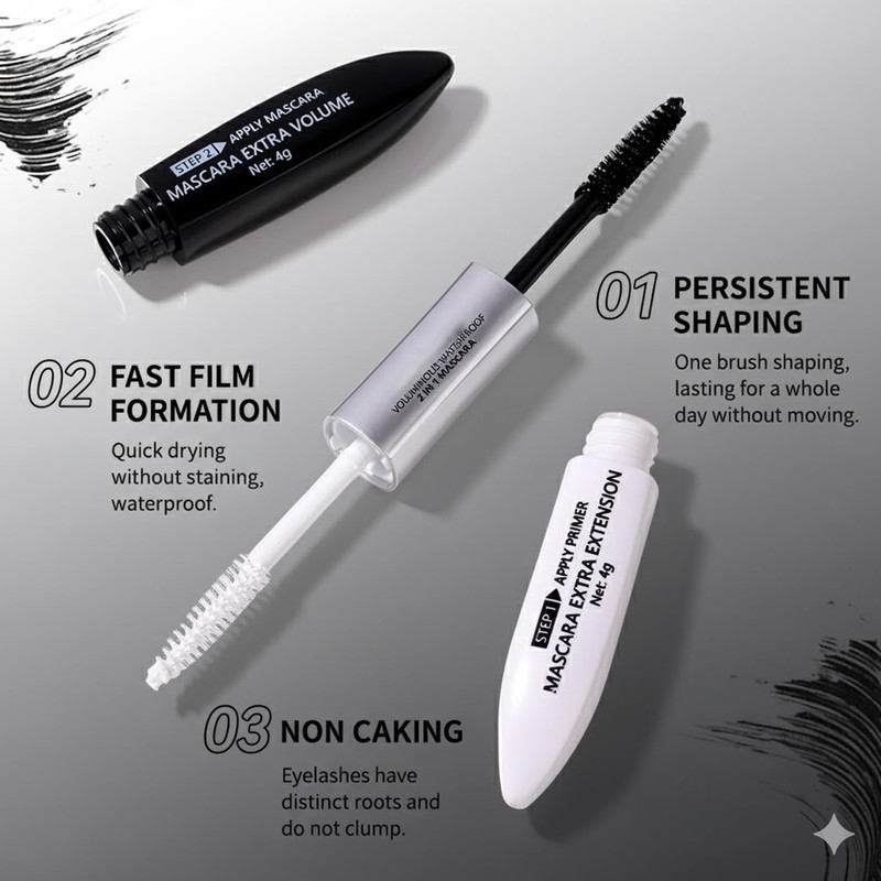 Double Ended Tubing Mascara,2-Step Black Mascara Volume and Length, Volumizing