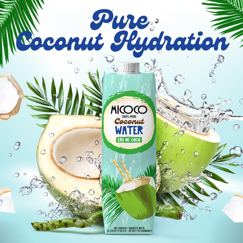 MICOCO Coconut Water, No Added Sugar, (1L) 33.8 Fl Oz