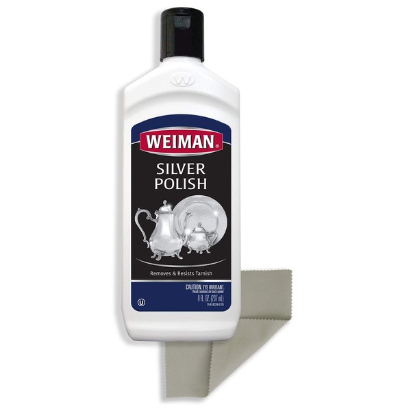 Weiman Silver Cleaner and Polish - 8 Ounce with Polishing Cloth - Ammonia Free - Polish Silver Jewelry Sterling Silver Antique Silver Gold Brass Copper and Aluminum