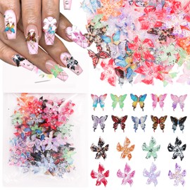 100 Pcs 3D Soft Flower Nail Charms, Color 3D Butterfly Lily Hibiscus Flower for Nails, Tropical Petal Butterfly Nail Charms for Acrylic Nails Art Supplies DIY Design
