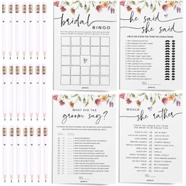 Wildflower Bridal Shower Games Bundle – 4 Elegant Bridal Shower Games for 30 Guests + 30 Gold-Foil Heart Pencils, Double-Sided Floral Cards, Perfect for Bridal Showers & Weddings