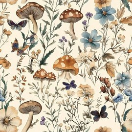 Froluya Mushroom Wallpaper Peel and Stick Vintage Floral Contact Paper 16.9" x 118.1" Boho Self Adhesive Removable Wallpaper Mushroom Forest Decorative Contact Paper for Bathroom Cabinets Vinyl