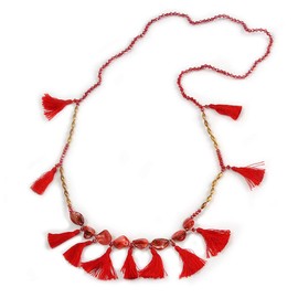 Avalaya Long Sea Shell, Crystal and Acrylic Bead with Multi Cotton Tassel Necklace/Red/Gold/ 96cm L