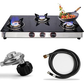 SONRET 3 Burner Propane Gas Stove - 30" Black Tempered Glass - with Hose & Regulator