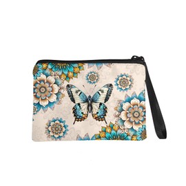Glorowreny Boho Flower Change Purse for Coins Vintage Butterfly Pattern Makeup Pouch for Purse Protable Coins Purse Accessories with Smooth Zipper