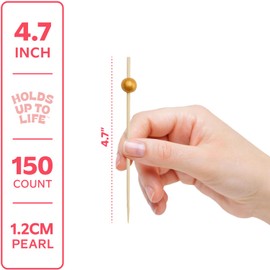 GUSTO [150 Count] Cocktail Skewers & Food Toothpicks - 4.7 Inch Wooden Fancy Toothpicks for Appetizers & Cocktail Picks for Drinks - Gold Pearl Toothpicks (Formely Comfy Package)