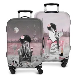 Xidingyue African American Luggage Cover Washable Women Pink And Grey On Beach Eiffel Tower Suitcase Protector Spandex Luggage Cover Fit 25-28 Inch
