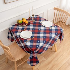 VEDACHIC 4th of July 54x54 Square Tablecloth Patriotic Memorial Day Red Blue Buffalo Plaid Stars Table Cloth - Polyester Independence Day Table Cover Washable Waterproof for Party Picnic Dinner Décor