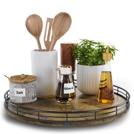 HGF Farmhouse 13" Lazy Susan Turntable Organizer for Table Top, Round Wooden Lazy Susan for Cabinet Kitchen Decor Centerpieces Coffee Table, Storage Condiments Spices, Bathroom Vanity Tray for Soap