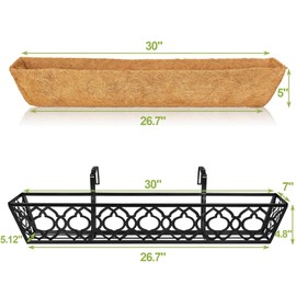 HFHOME 2 Pcs 30" Window Box Deck Railing Planter with Horse Trough Coco Liners, Black Metal Hanging Flower Planters Baskets for Indoor, Outdoor, Balcony, Porch, Fence, Patio, and Lawn