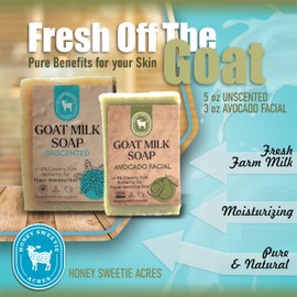 Honey Sweetie Acres Fresh Off The Goat Face & Body Soap 3 Ounce Avocado Facial Plus 5 Ounce Hydrating Goat Milk Soap For Your Whole Body - Made in the USA (Unscented)