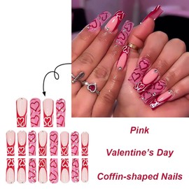 Valentine Pink Press on Nails Long Square Fake Nails French Tip False Nails with Heart Designs Sparkly Artificial Nails Valentine Day Glue on Nails Cute Stick on Nails for Women 24Pcs