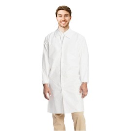 EZGOODZ Disposable SF Lab Coats. Pack of 30 White Medium Polypropylene 40 gsm Work Gowns with Waterproof Microporous Film, Hook & Loop Fasteners, Elastic Wrists. Unisex PPE Robes in Bulk.