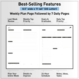 Daily Planner - Professional Life Planner, Calendar & Gratitude Journal to Increase Productivity, Time Management & Happiness - Vegan Leather Softcover, 6 Months, Undated 24 Hour Business Planner