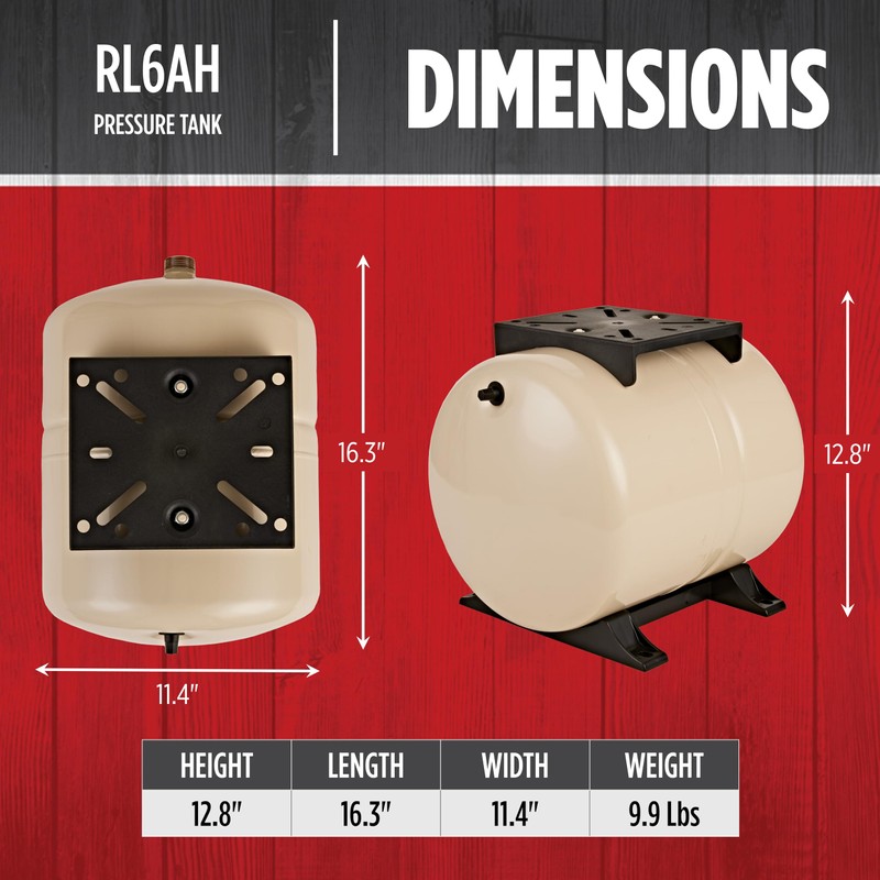 Red Lion RL6AH - 6-Gallon Horizontal Pre-Charged Pressure Tank with