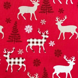 Christmas Fabric Red & Cream Reindeer Design - Red Background 100% Cotton 53" Wide