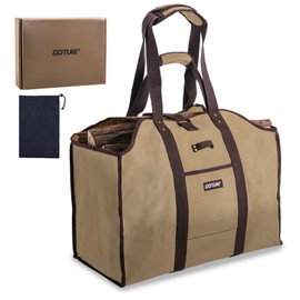 Goture 20oz Waxed Canvas 23.8×11.8×19.6 inch Firewood Carrier Bag, Waterproof Large Firewood Bag with Dual-Handles, Sealed Side, Side Pocket, and Axe Ring for Camping Indoors (with Kindling Bag)