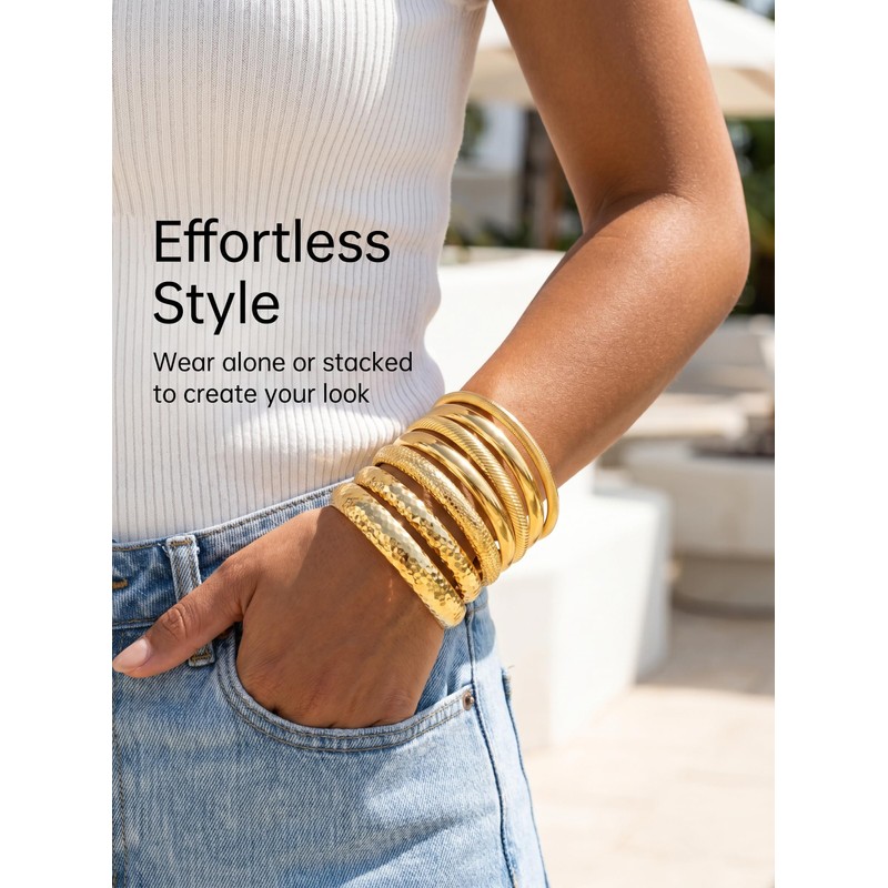 YEEZII Gold Bangle Bracelets for Women, 7Pcs 14K Gold Plated