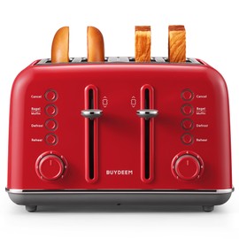 BUYDEEM DT640 4-Slice Toaster, Extra Wide Slots, Retro Stainless Steel with High Lift Lever, Bagel and Muffin Function, Removal Crumb Tray, 7-Shade Settings,Red