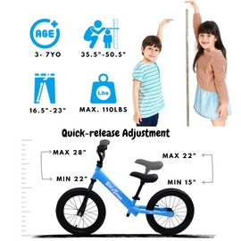 14 Inch Balance Bike for Kids 3-7 Year Old, No Pedals, Air Rubber Tires, Adjustable Height, Pedalless Bicycle for Boys, Girls, Pink