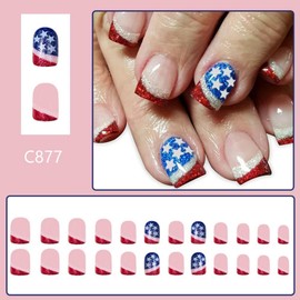 Independence Day Press on Nails Short Square Glue on Nails with Red White French Tip Designs USA Flag False Nails Blue Glitter Stick on Nails 4th of July Fake Nails for Women Girls Manicure 24Pcs