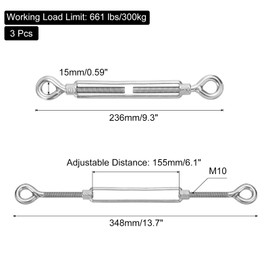 sourcing map M10 Eye and Eye Turnbuckles for Cable Wire Rope Tension, 304 Stainless Steel Turnbuckle Adjustable for Shade Sail String Light Hanging Pack of 3