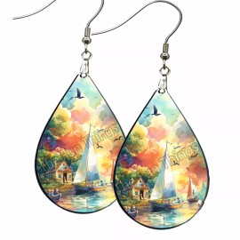 the fun things Watercolor Art Sailboat Earrings NO TARNISH Wood Teardrop Dangle Sailing Sailor