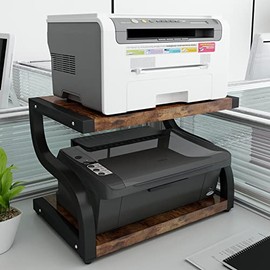 PUNCIA 2 Tiers Small Retro Wood Home Office Desktop Printer Stand Laser Printer Copier Stand with Storage Rustic Tabletop Heavy Duty Organizer Rack Shelf Desk Dual for Small Space Double Tiers Tray