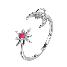 Crescent Moon and Star Ring Adjustable 925 Sterling Silver Cubic Zirconia Moon and Star Open Band Rings for Women and Men DR0161W
