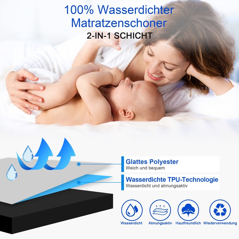 Waterproof Mattress Protector, 160 x 200 cm Fitted Sheet, Breathable