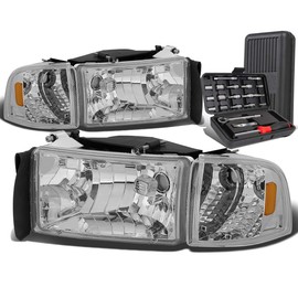 Auto Dynasty Chrome Housing Amber Corner Headlight+Corner Lamps+Tool Kit Compatible with Dodge Ram 1500 2500 3500 94-02