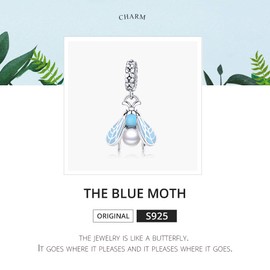 Insert Series 925 Sterling Silver Blue Enamel Moth Pendant Charm fit Original Bracelet or Necklace for Women