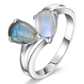 ETERMBOL Toi et Moi Ring Sterling Silver Moonstone & Labradorite Ring Double Stone Pear Cut Engagement Ring Promise Ring for her Valentine Ring Size 8
