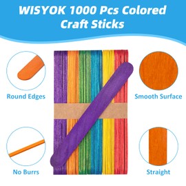 WISYOK 1000 Pcs 6" Colored Jumbo Craft Sticks - Wooden Rainbow Popsicle & Wide Lollipop Sticks, Ideal for DIY Crafts & Children's Education