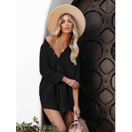 Paintcolors Women's Long Sleeve Button Down Tunic Dresses Beach Cover-ups Oversized Blouse Tops with Pockets-Black XXL