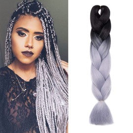 Benehair Ombre Braiding Hair 1 Bundle 24inch Jumbo Braiding Hair Extensions High Temperature Synthetic Braid Hair Braiding Hair Pre Stretched Braid Extensions (Black+Silver Grey)
