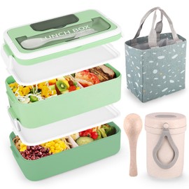 VEIOK Lunch Box, 1600ml Bento Box with Bag and Cutlery, Lunch Box with Compartments, Leak-Proof Bento Lunch Box, Lunch Box for Adults, Kids, Sandwich Box for School Office (Green)