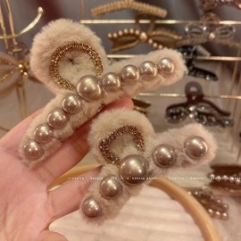 Imported Korean Style Champagne Pearl Plush Claw Clip for Women's Hair - Volume Enhancing Cm004 Bead Polacle - Size [11Cm] 20ea